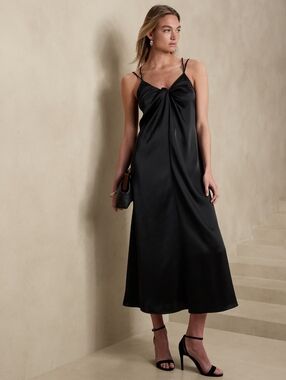 Banana Republic Factory Black Satin Twist-Front Maxi Slip Dress NWT Sz Petite XS